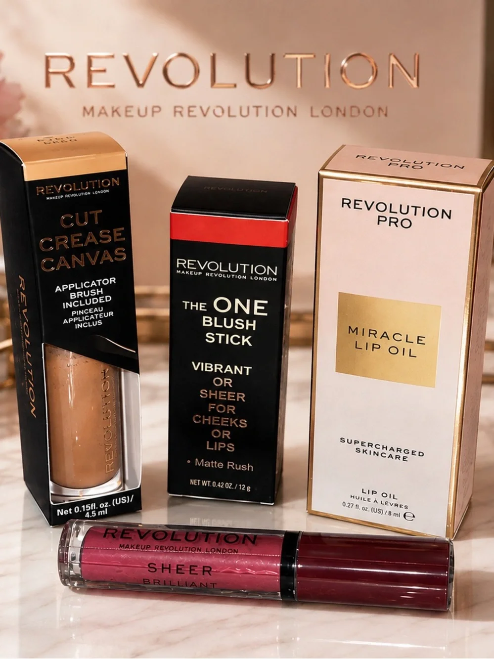 Makeup Revolution Lot - Cut Crease Canvas, Blush Stick, Miracle Lip Oil & Gloss